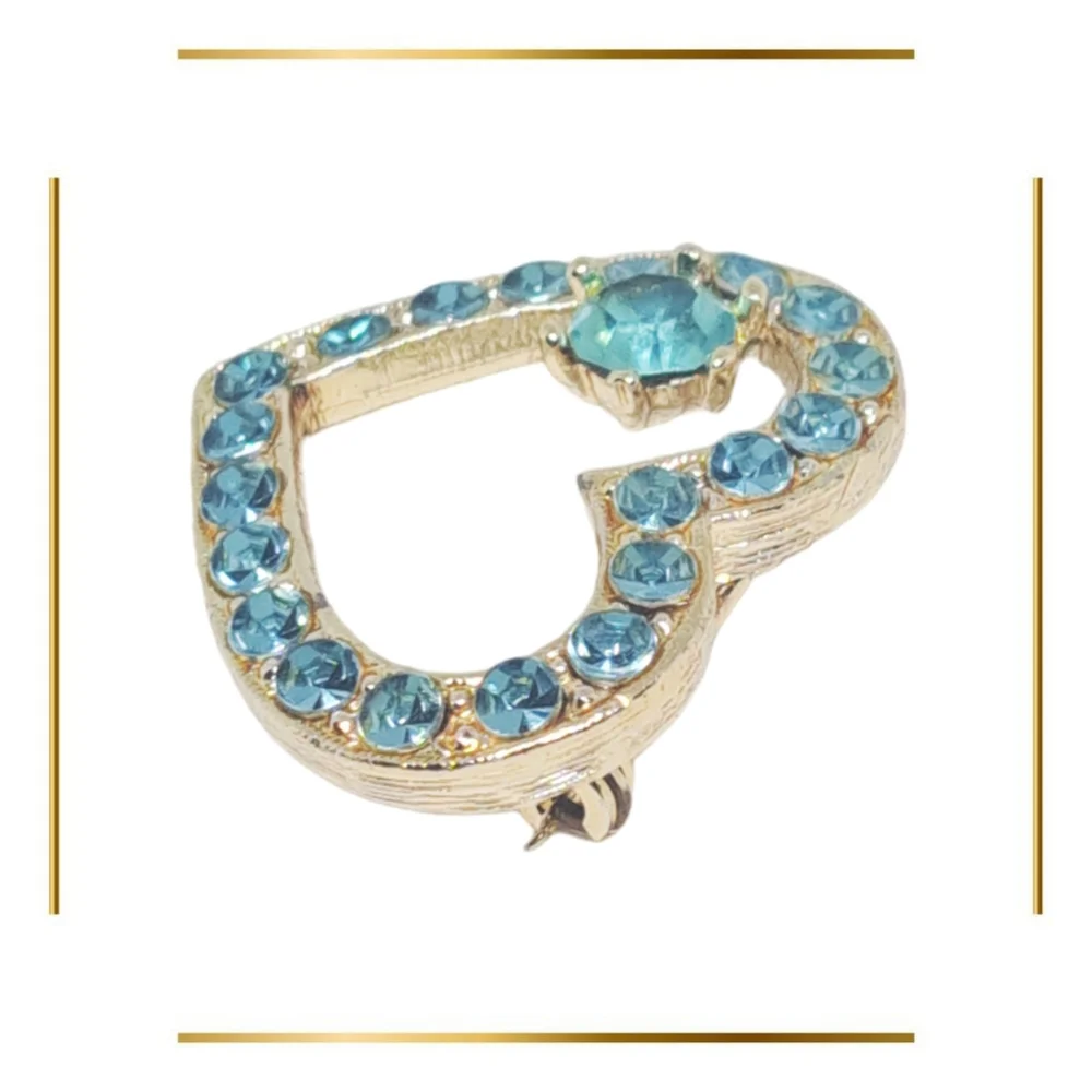 Gold Tone Heart Shaped Brooch with Blue Rhinestones